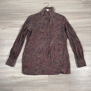 Lauren Ralph Lauren Women's Blouse 100% Silk Paisley Button Up Pullover M Brown
